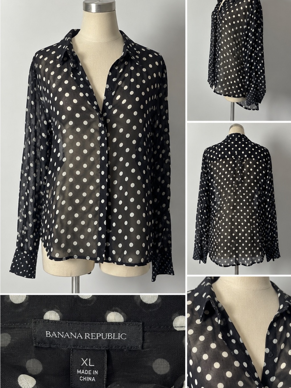 Banana Republic Black and White Polka Dot Sheer Button-Down Blouse